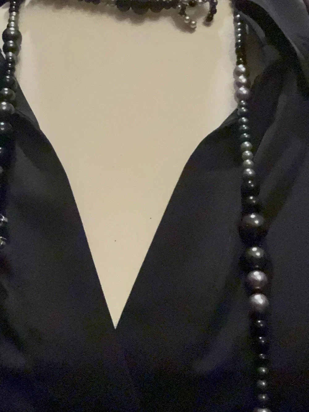 CHANEL Long Black and Silver Beaded Necklace with Pearl Accents